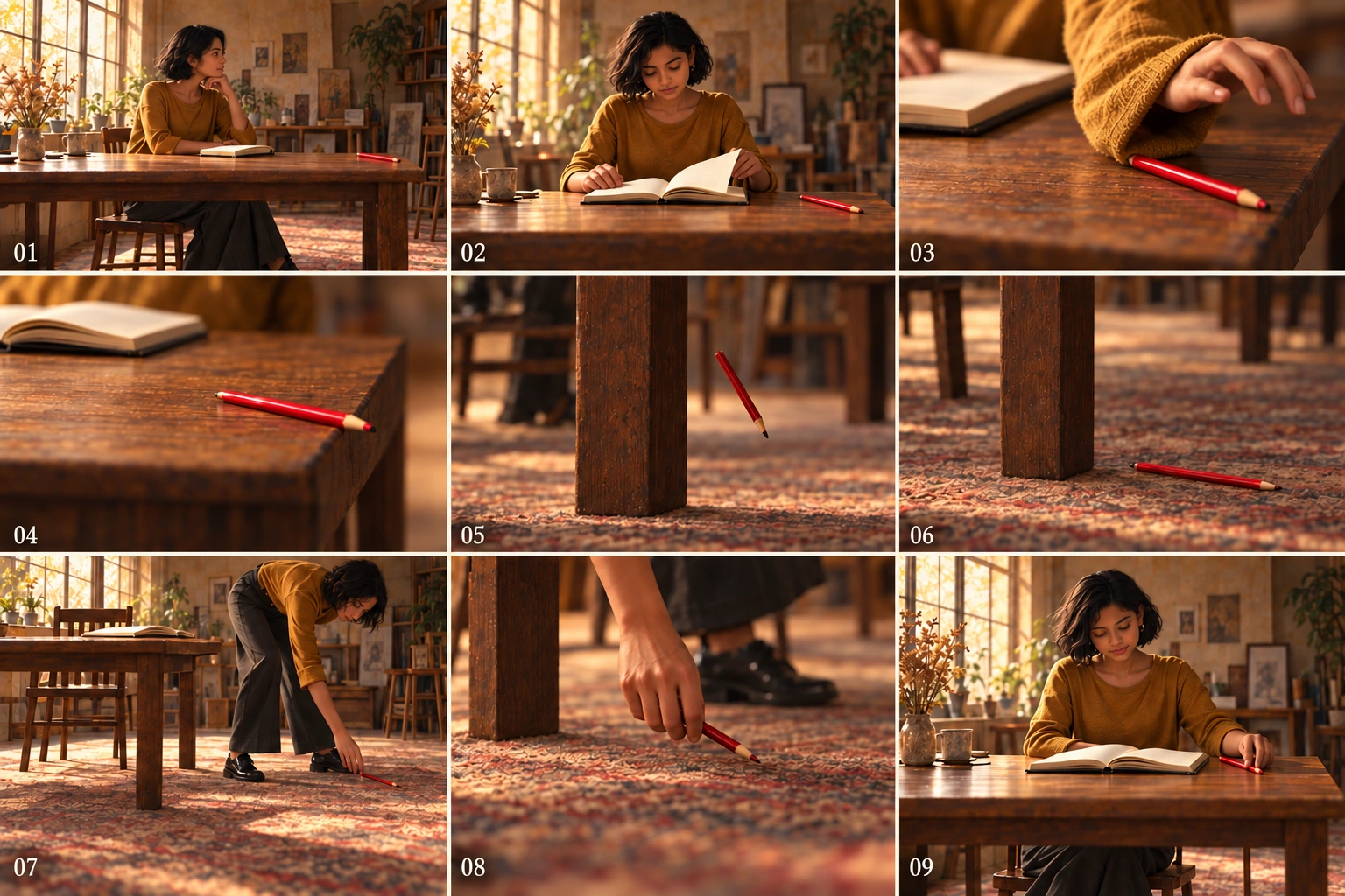 Codex-generated revised storyboard showing sleeve contact in Panel 03, the pencil falling to the right of the table leg in Panel 05, and Mira standing at the table’s right end to reach for it in Panel 07.