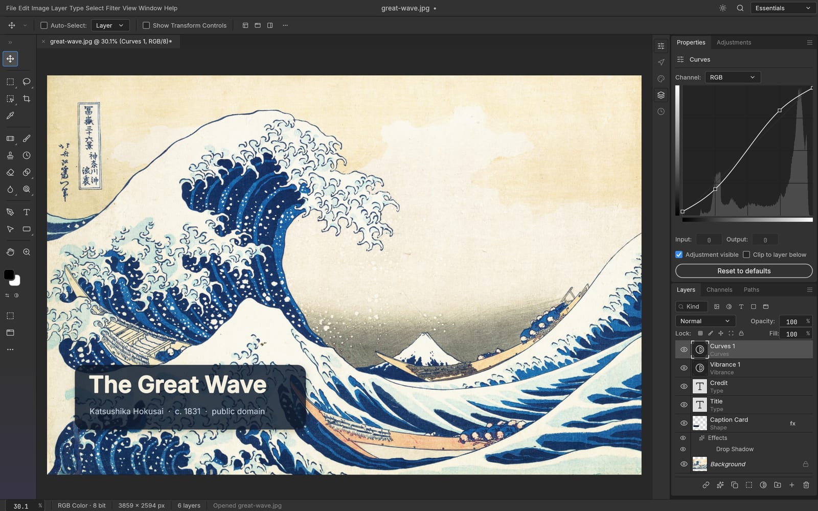 Upstream PhotoCraft editor demonstrating layers, text and curves