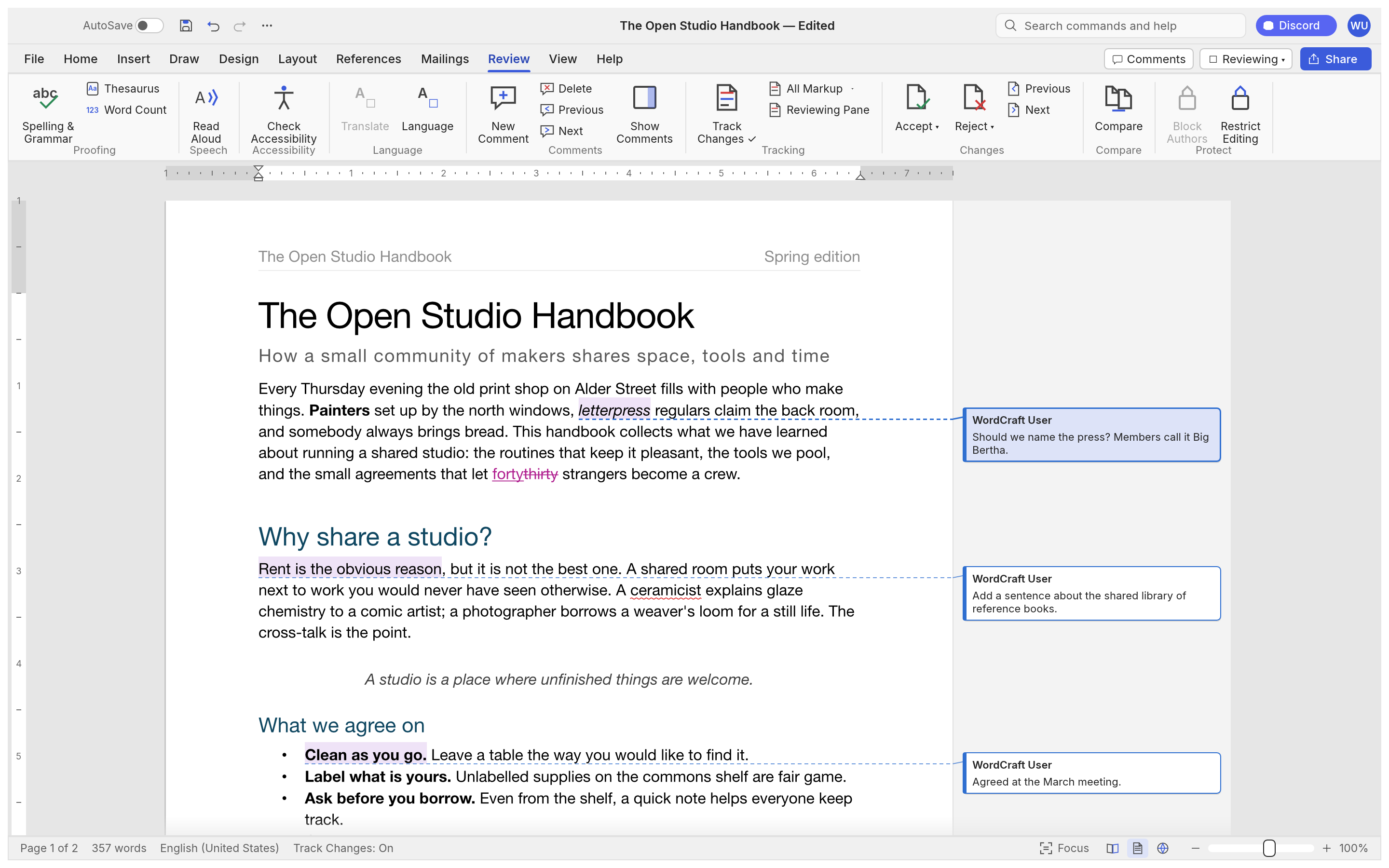 WordCraft review and document structure interface